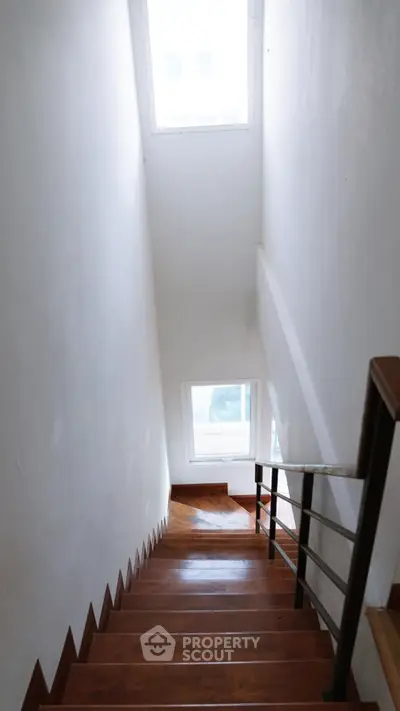 Modern wooden staircase with natural light from large windows in a minimalist home.
