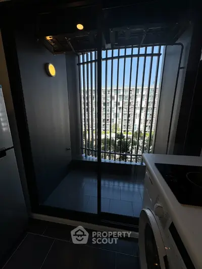 Modern apartment balcony with urban view and sleek design