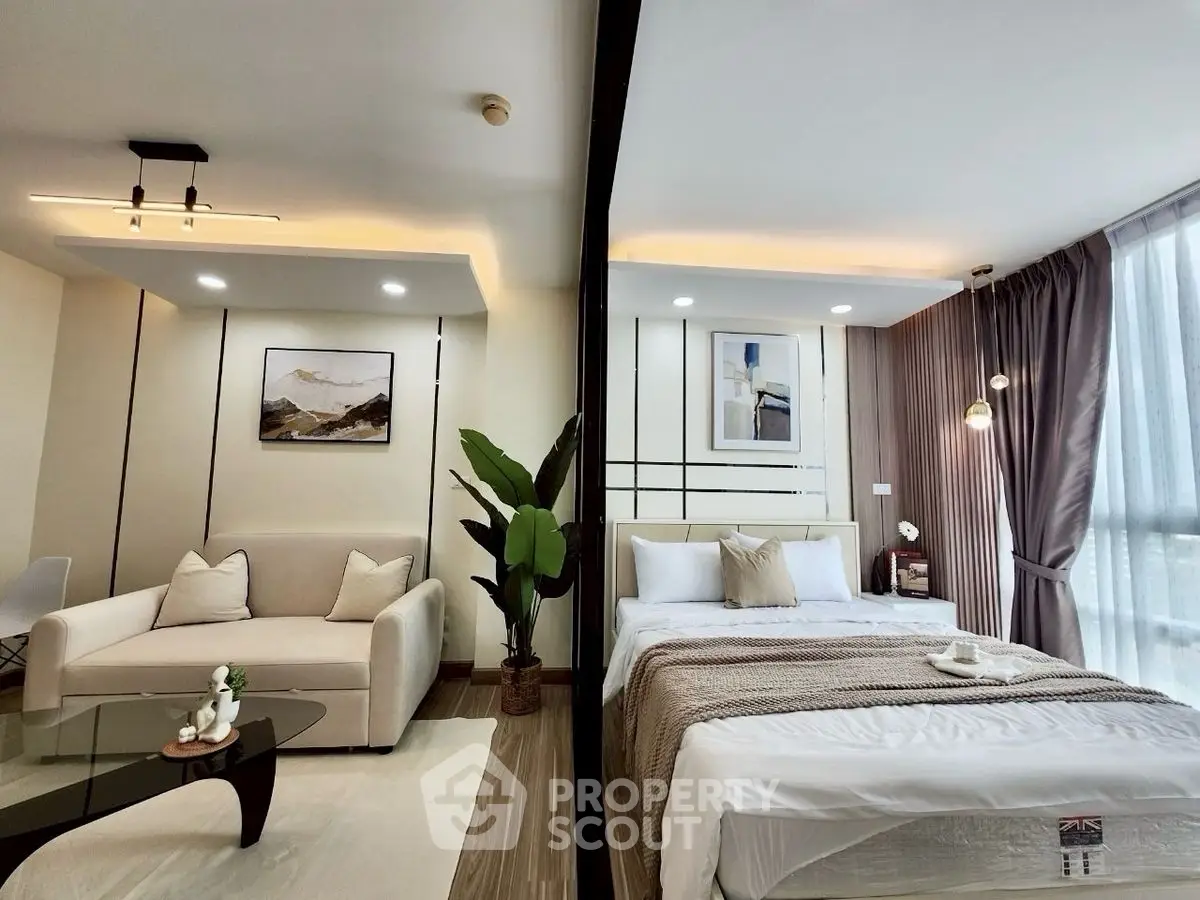 Modern studio apartment with cozy living area and stylish bedroom