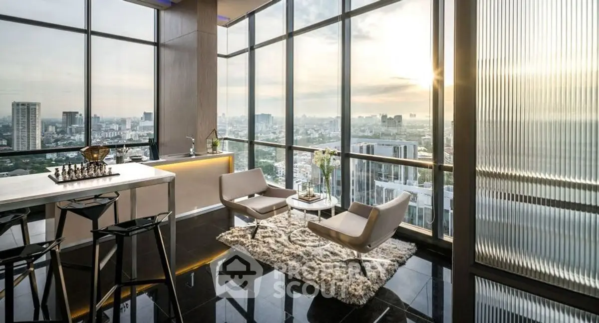 Luxurious high-rise living room with panoramic city views and modern decor
