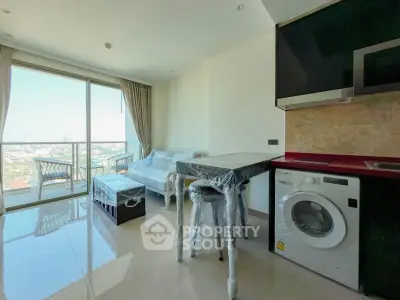 Modern apartment with balcony and washing machine, offering stunning city views.