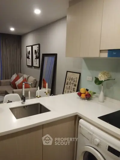 Modern kitchen with sleek design, featuring a washing machine and stylish decor in a cozy apartment.