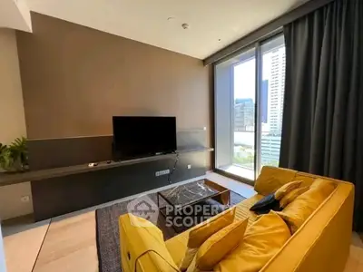 Modern living room with yellow sofa and large window offering city view.