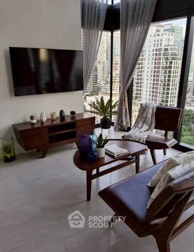 Stylish living room with modern furniture and city view, perfect for urban living.