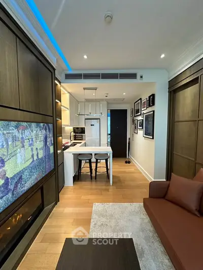 Modern living room with open kitchen and stylish decor