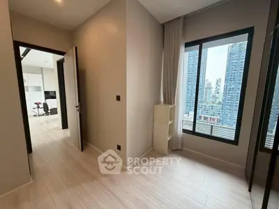 Modern apartment interior with city view and sleek design