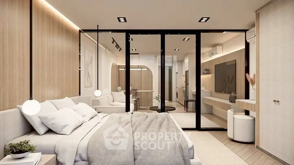 Luxurious modern bedroom with open layout and stylish decor