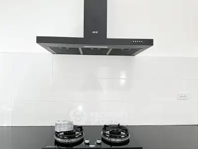 Modern kitchen with sleek black gas stove and stylish range hood