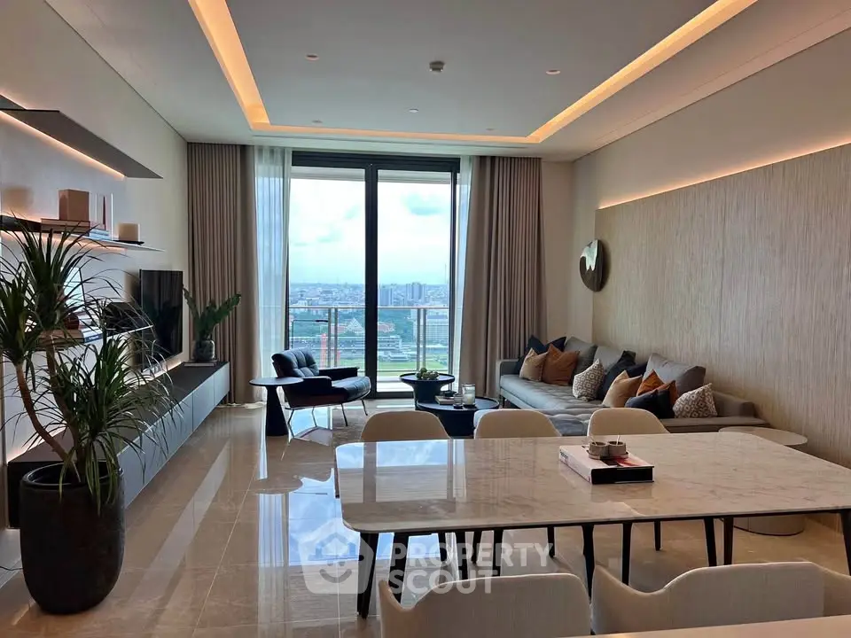 Luxurious modern living room with panoramic city view and elegant decor