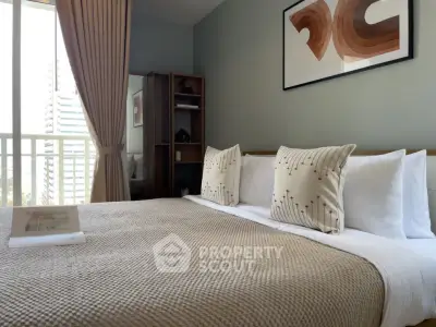 Modern bedroom with stylish decor and city view from window