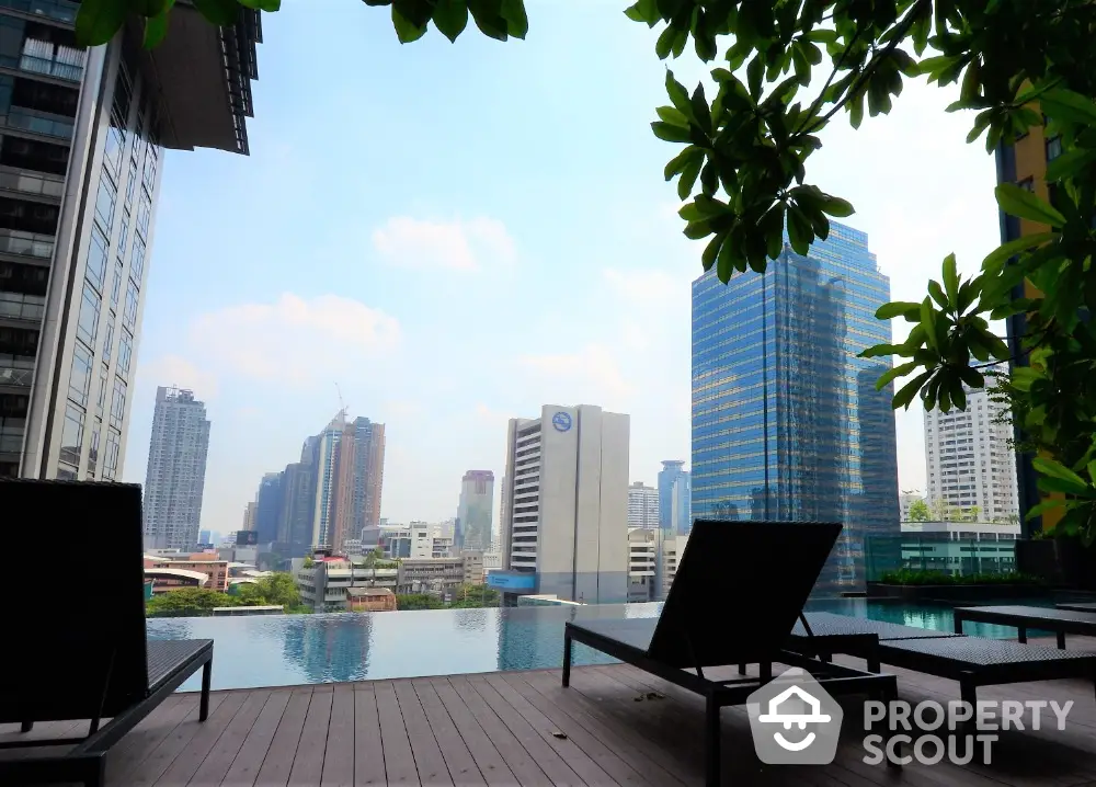 Luxurious rooftop pool with stunning city skyline view, perfect for urban living enthusiasts.