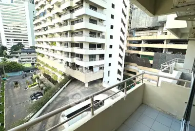 Spacious balcony with city view in modern apartment building