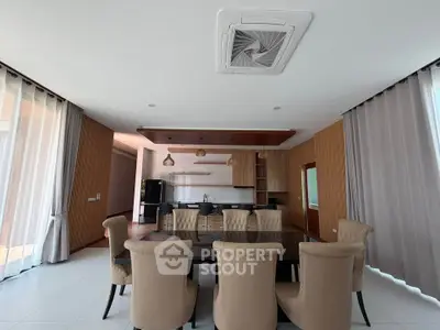Luxurious dining area with elegant chairs and modern kitchen in open layout