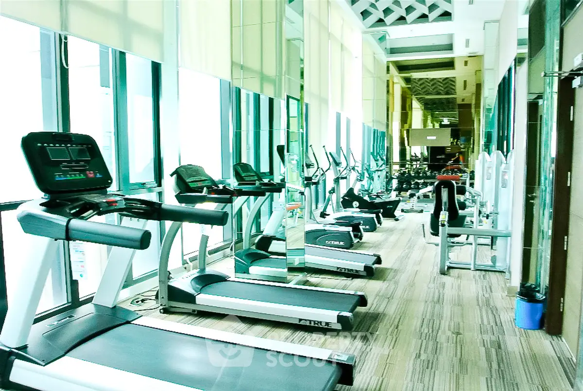 Modern gym with state-of-the-art equipment and floor-to-ceiling windows.