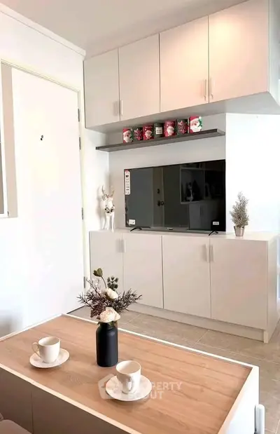 Modern living room with sleek cabinetry and stylish decor