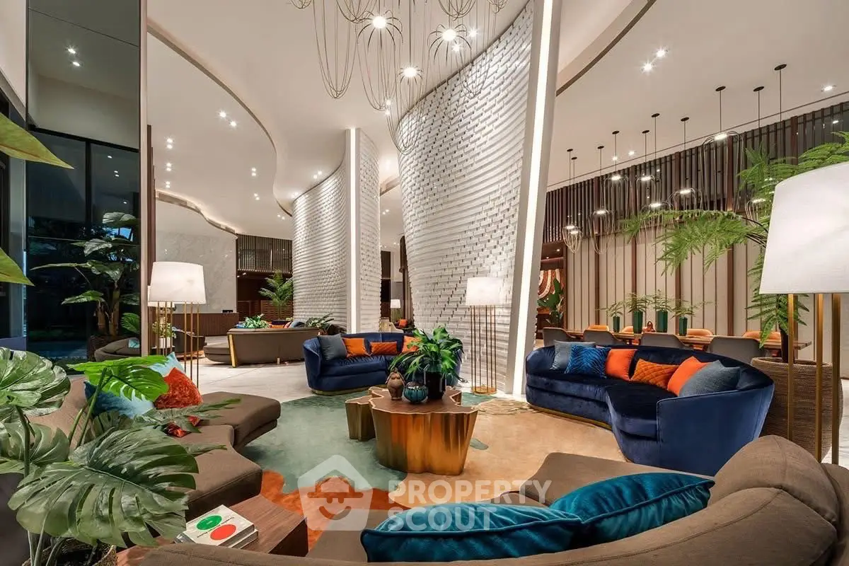 Luxurious modern living room with elegant decor and vibrant seating area