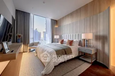 Luxurious modern bedroom with city view, elegant decor, and cozy ambiance.