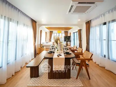 Spacious and elegantly designed living room with modern dining area and abundant natural light.