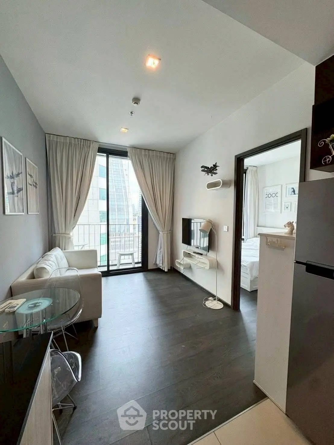 Modern living room with balcony view in a stylish apartment