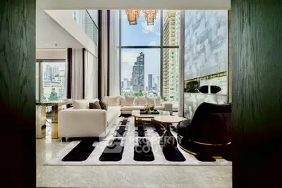 Luxurious modern living room with panoramic city view and elegant decor