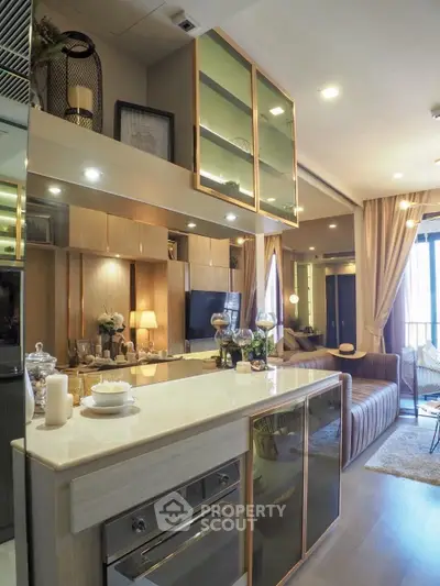 Luxurious modern kitchen with open layout and elegant living room view