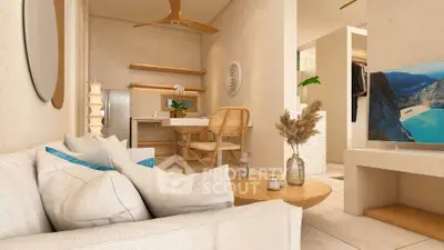 Modern living room with cozy beige decor and stylish furniture, featuring a TV and open layout design.