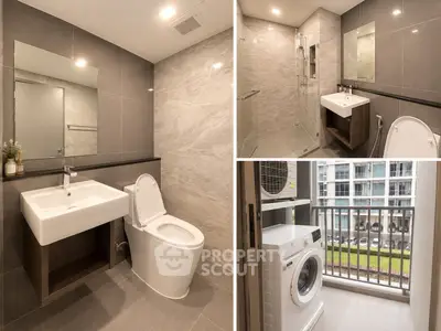 Modern bathroom with sleek fixtures and washing machine on balcony in urban apartment.
