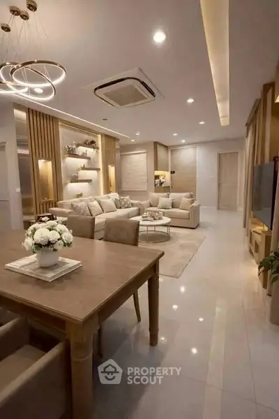 Luxurious modern living room with elegant decor and spacious seating area.