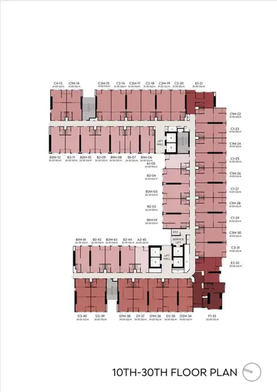 Detailed floor plan for 10th to 30th floors showcasing apartment layout.