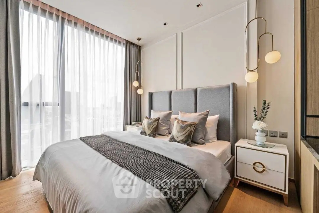 Luxurious modern bedroom with elegant decor and floor-to-ceiling windows