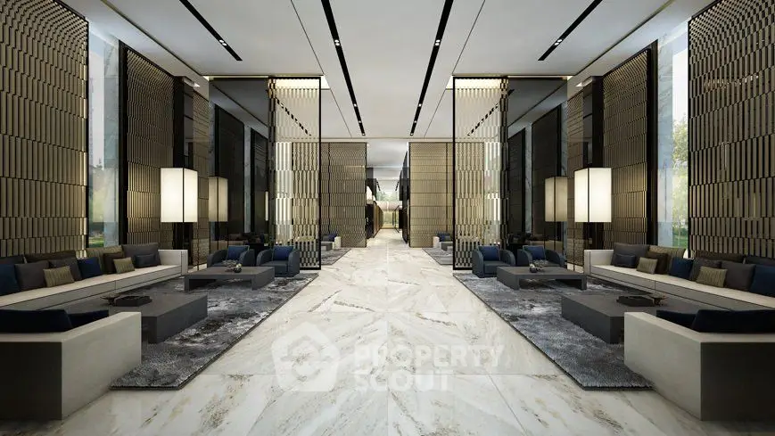 Luxurious modern lobby with elegant seating and marble flooring