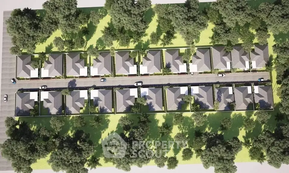 Aerial view of a modern residential neighborhood with lush greenery.