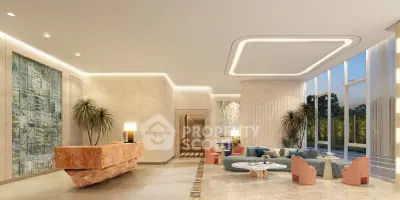 Luxurious modern living room with elegant decor and large windows offering stunning views.