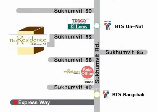 Map showing The Residence Sukhumvit 52 near BTS On-Nut and Bangchak stations.
