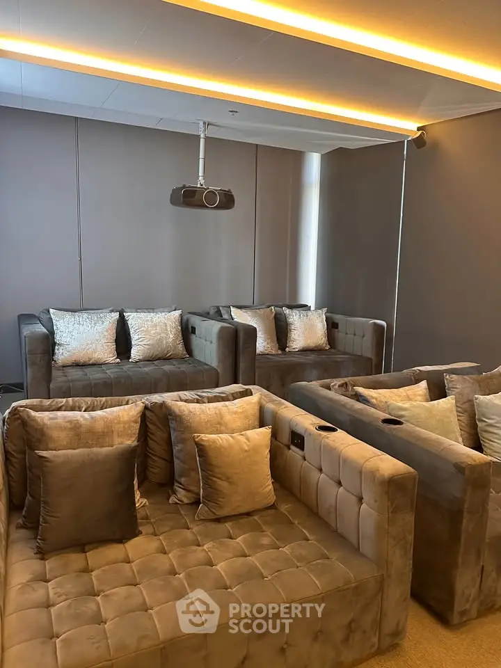 Luxurious home theater room with plush seating and modern lighting
