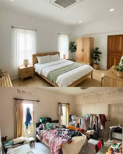 Spacious bedroom with natural light and modern decor