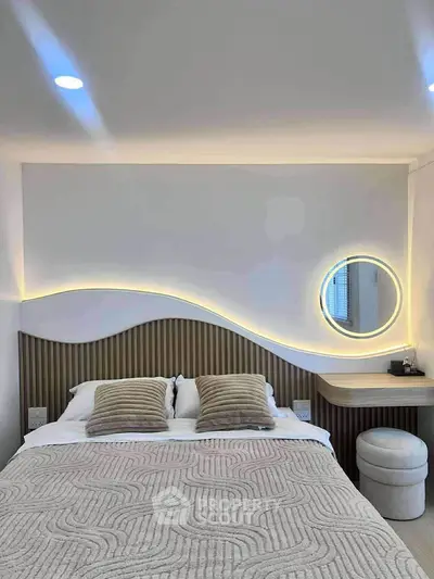 Modern bedroom with stylish lighting and cozy decor