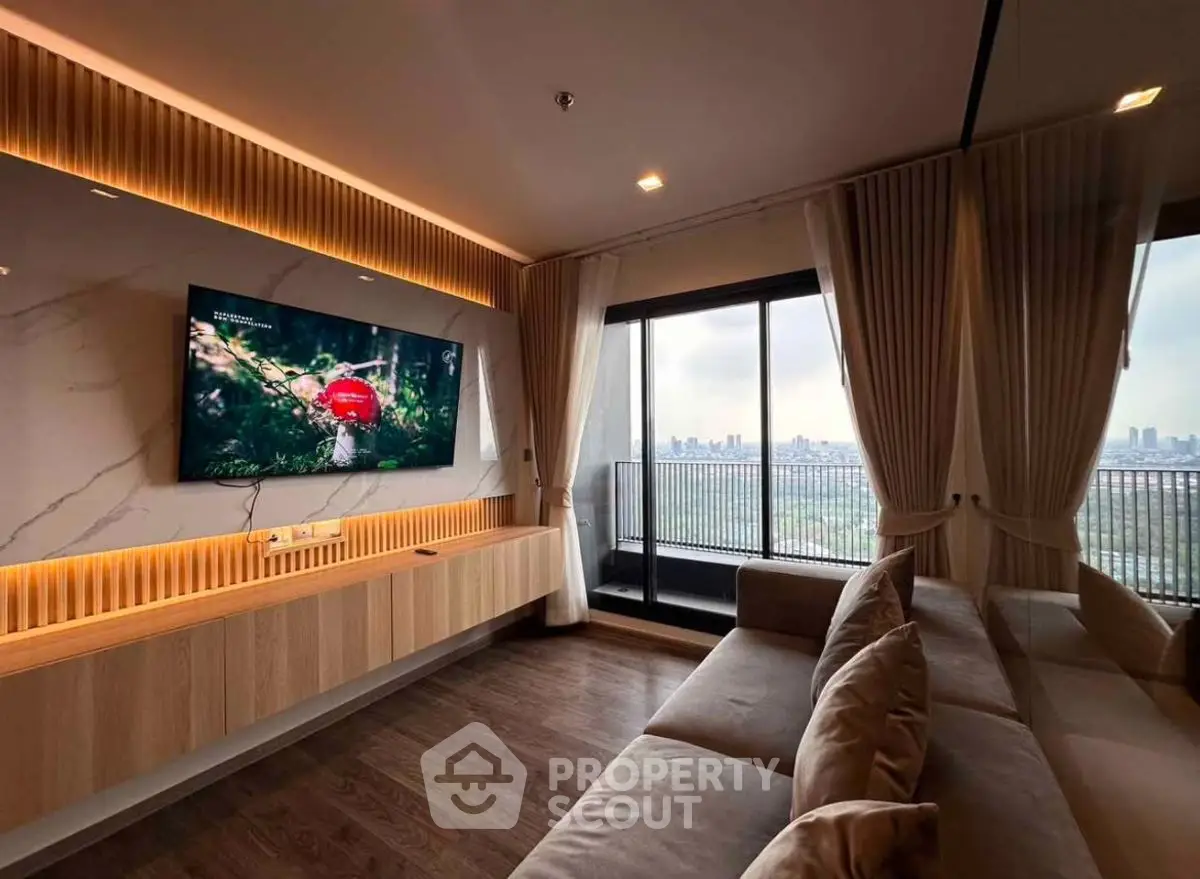Luxurious living room with stunning city view and modern decor