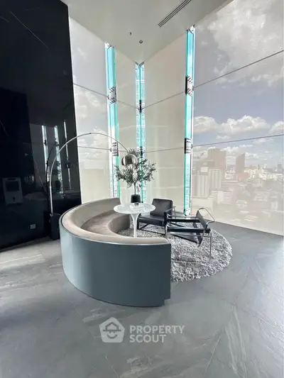 Luxurious modern living room with panoramic city view and stylish furniture