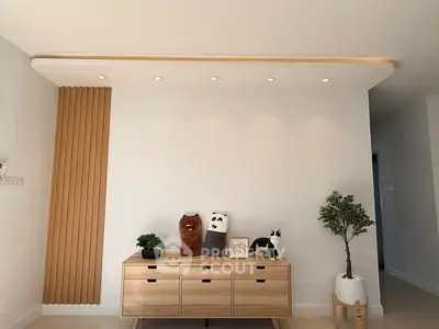 Modern living room with stylish wooden cabinet and decorative plants