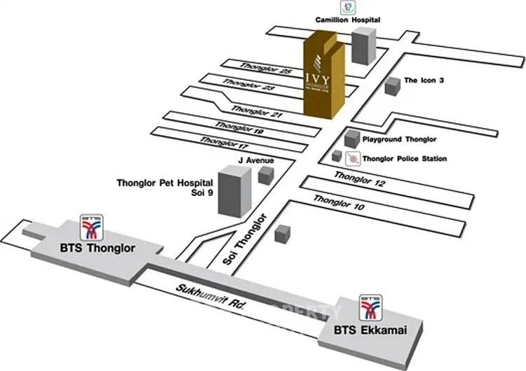 Map showing location of Ivy Thonglor near BTS Thonglor and Ekkamai stations.