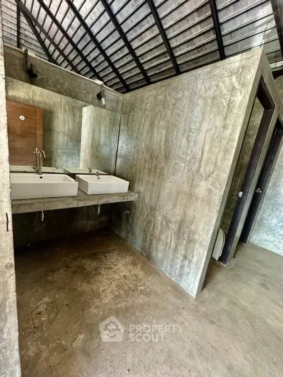 Modern industrial-style bathroom with concrete walls and dual sinks.