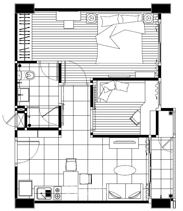 Detailed floor plan of a modern apartment with two bedrooms and open kitchen layout.