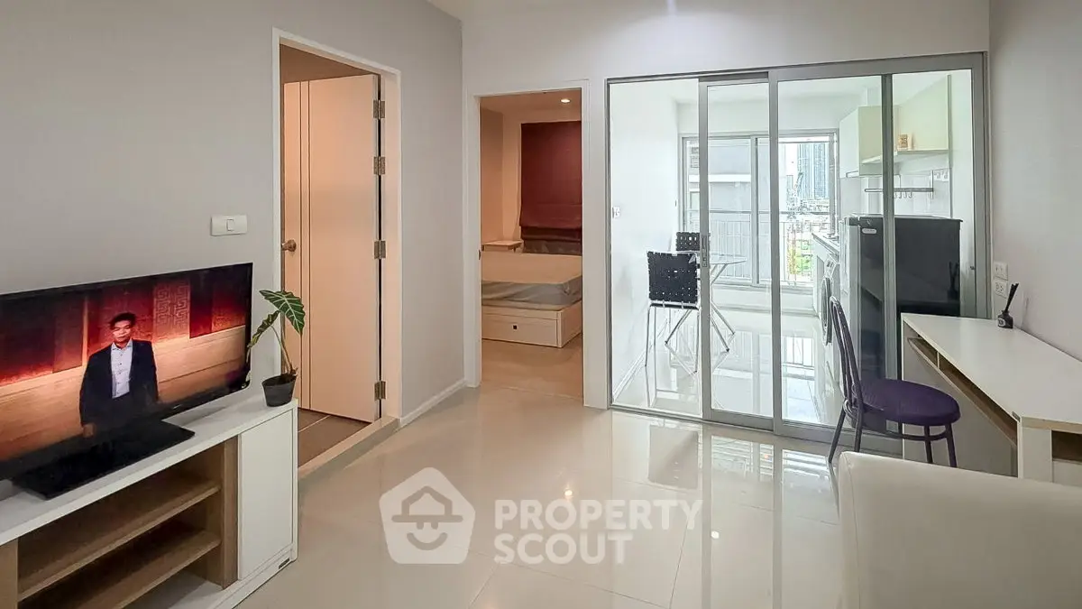 Modern apartment interior with open layout and city view