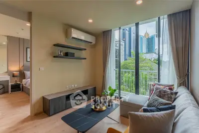 Modern living room with city view and stylish decor in urban apartment