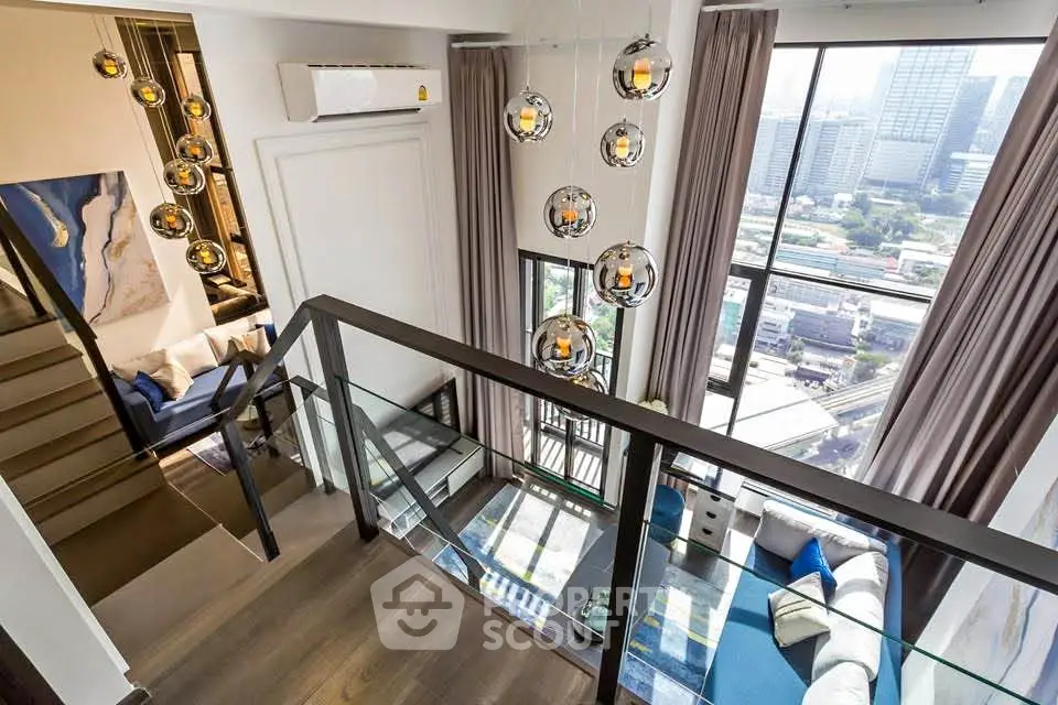 Luxurious duplex living room with stunning city view and modern decor