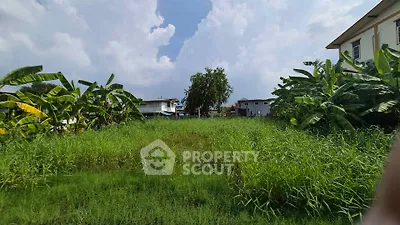 Spacious green land plot with lush vegetation and nearby residential buildings.