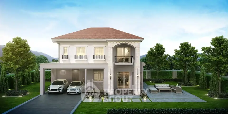 Luxurious two-story house with elegant facade, spacious driveway, and lush garden, perfect for modern family living.