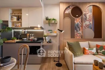 Stylish modern living room with open kitchen and vibrant decor