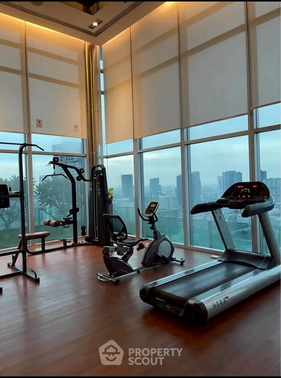 Luxurious high-rise gym with panoramic city views and modern fitness equipment.